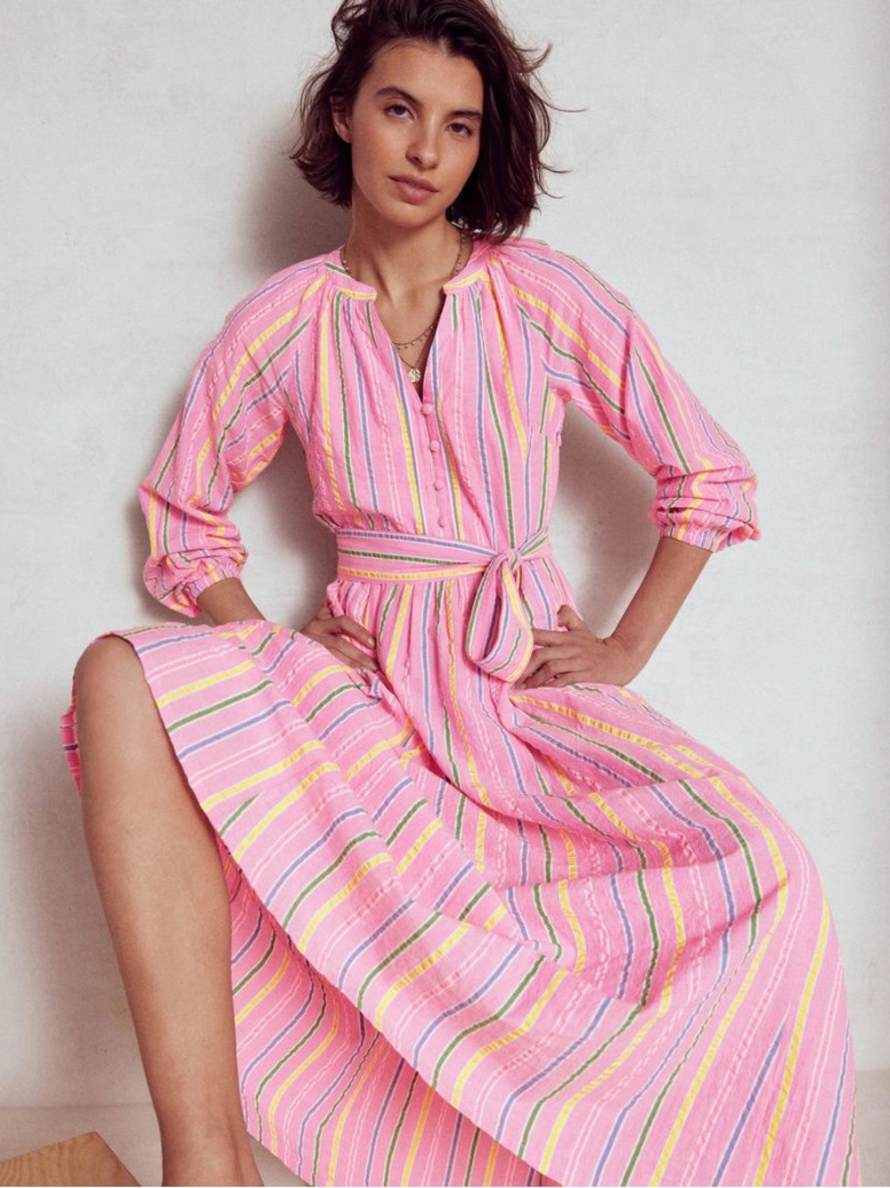 BODEN Faye Cotton Maxi Dress Sorbet Pink Seersucker Stripe Sz 12 (No belt)